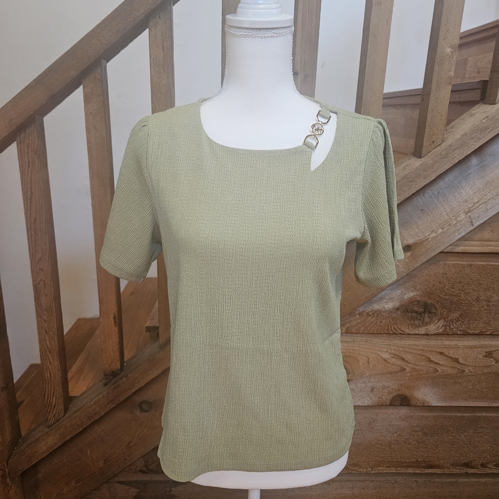 Michael Kors Sage Green Short Sleeve Knit Top with Gold Buckle Accent